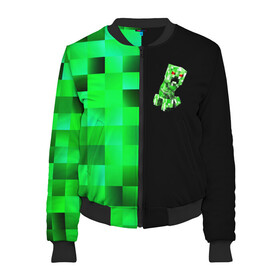 Женский бомбер 3D с принтом MINECRAFT CREEPER в Ухте, 100% полиэстер | застегивается на молнию, по бокам два кармана без застежек, мягкие манжеты, по низу бомбера и на воротнике — эластичная резинка | blox | creeper | dungeons | game | geometry | green | neon | pixel | steve | алекс | детям | зелень | игра | кислотный | крипер | куб | логотипы игр | майнкрафт | мальчикам | мобы | неоновый | пиксель | пиксельный | подземелья