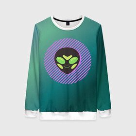 Женский свитшот 3D с принтом Инопланетяша на зеленом фоне в Ухте, 100% полиэстер с мягким внутренним слоем | круглый вырез горловины, мягкая резинка на манжетах и поясе, свободная посадка по фигуре | градиент | зеленый | инопланетянин | круг | лицо | наука | нло | подарок | полоски | пришелец | улыбка | фантастика | фиолетовый