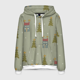Мужская толстовка 3D с принтом Дома в лесу в Ухте, 100% полиэстер | двухслойный капюшон со шнурком для регулировки, мягкие манжеты на рукавах и по низу толстовки, спереди карман-кенгуру с мягким внутренним слоем. | Тематика изображения на принте: арт | детский рисунок | дом | дома | ёлка | ёлки | зелёный | лес | новый год | рисунок | рисунок карандашом | снег | сосны | соста | тёмно зелёный | тёмный