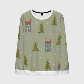 Мужской свитшот 3D с принтом Дома в лесу в Ухте, 100% полиэстер с мягким внутренним слоем | круглый вырез горловины, мягкая резинка на манжетах и поясе, свободная посадка по фигуре | Тематика изображения на принте: арт | детский рисунок | дом | дома | ёлка | ёлки | зелёный | лес | новый год | рисунок | рисунок карандашом | снег | сосны | соста | тёмно зелёный | тёмный