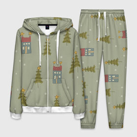 Мужской костюм 3D с принтом Дома в лесу в Ухте, 100% полиэстер | Манжеты и пояс оформлены тканевой резинкой, двухслойный капюшон со шнурком для регулировки, карманы спереди | Тематика изображения на принте: арт | детский рисунок | дом | дома | ёлка | ёлки | зелёный | лес | новый год | рисунок | рисунок карандашом | снег | сосны | соста | тёмно зелёный | тёмный