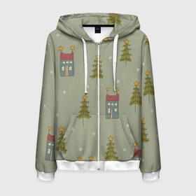 Мужская толстовка 3D на молнии с принтом Дома в лесу в Ухте, 100% полиэстер | длина до линии бедра, манжеты и пояс оформлены мягкой тканевой резинкой, двухслойный капюшон со шнурком для регулировки, спереди молния, по бокам два кармана | Тематика изображения на принте: арт | детский рисунок | дом | дома | ёлка | ёлки | зелёный | лес | новый год | рисунок | рисунок карандашом | снег | сосны | соста | тёмно зелёный | тёмный