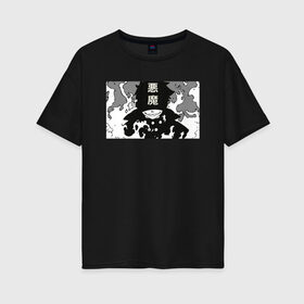Женская футболка хлопок Oversize с принтом Shinra the devil в Ухте, 100% хлопок | свободный крой, круглый ворот, спущенный рукав, длина до линии бедер
 | devil | fire | force | japan | акитару | бригада | демон | дьявол | иероглифы | ирис | кусакабэ | маки | пламенная | пожаный | пожарник | пожарных | синдра | стиль | тамаки | фаер | форс | шиндра | шинра | япония