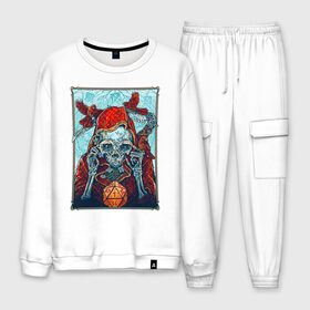 Мужской костюм хлопок с принтом Манчкин со смертью в Ухте, 100% хлопок | на свитшоте круглая горловина, мягкая резинка по низу. Брюки заужены к низу, на них два вида карманов: два “обычных” по бокам и два объемных, с клапанами, расположенные ниже линии бедра. Брюки с мягкой трикотажной резинкой на поясе и по низу штанин. В поясе для дополнительного комфорта — широкие завязки | игра | игры | кости | кость | манчкин | меч | мечи | настолка | настольные | птица | птицы | скелет | стильное | стильный | череп | черепа