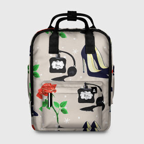 Женский рюкзак 3D с принтом Фешн-принт в Ухте, 100% полиэстер | лямки с регулируемой длиной, сверху ручки, чтобы рюкзак нести как сумку. Основное отделение закрывается на молнию, как и внешний карман. Внутри два дополнительных кармана, один из которых закрывается на молнию. По бокам два дополнительных кармашка, куда поместится маленькая бутылочка
 | Тематика изображения на принте: гламур | духи | женское | мода | роза | туфли