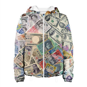 Женская куртка 3D Деньги: в Ухте, ткань верха — 100% полиэстер, подклад — флис | прямой крой, подол и капюшон оформлены резинкой с фиксаторами, два кармана без застежек по бокам, один большой потайной карман на груди. Карман на груди застегивается на липучку | арт | банкноты | валюта | деньги | доллары | зеленый | иена | красный | серый | синий | фунт стерлингов | юани