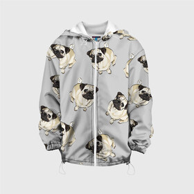 Детская куртка 3D с принтом Pug dog в Ухте, 100% полиэстер | застежка — молния, подол и капюшон оформлены резинкой с фиксаторами, по бокам — два кармана без застежек, один потайной карман на груди, плотность верхнего слоя — 90 г/м2; плотность флисового подклада — 260 г/м2 | Тематика изображения на принте: animal | животные | звери | собаки
