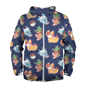 Мужская ветровка 3D с принтом Милые монстрики в Ухте, 100% полиэстер | подол и капюшон оформлены резинкой с фиксаторами, два кармана без застежек по бокам, один потайной карман на груди | Тематика изображения на принте: pokemon go | pokemon. pokemon go | арт | лиса | лисёнок | лисы | покебол | покемон | покемоны | рисунок | синий | тёмный