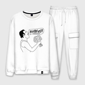 Мужской костюм хлопок с принтом Queen мама в Ухте, 100% хлопок | на свитшоте круглая горловина, мягкая резинка по низу. Брюки заужены к низу, на них два вида карманов: два “обычных” по бокам и два объемных, с клапанами, расположенные ниже линии бедра. Брюки с мягкой трикотажной резинкой на поясе и по низу штанин. В поясе для дополнительного комфорта — широкие завязки | bohemian rhapsody | mama | mother | queen | radio gaga | богемская рапсодия | мама