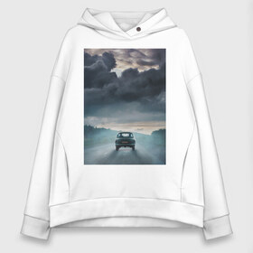 Женское худи Oversize хлопок с принтом автомобиль в Ухте, френч-терри — 70% хлопок, 30% полиэстер. Мягкий теплый начес внутри —100% хлопок | боковые карманы, эластичные манжеты и нижняя кромка, капюшон на магнитной кнопке | автомобиль | арт | гроза | дорога | путь | шторм
