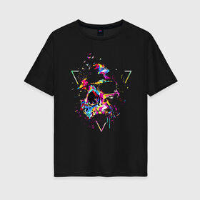 Женская футболка хлопок Oversize с принтом Skull в Ухте, 100% хлопок | свободный крой, круглый ворот, спущенный рукав, длина до линии бедер
 | bird | blot | color | neon | paint | skull | triangle | клякса | краска | неон | птица | треугольник | цвет | череп