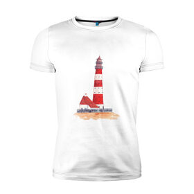 Мужская футболка хлопок Slim с принтом Маяк в Ухте, 92% хлопок, 8% лайкра | приталенный силуэт, круглый вырез ворота, длина до линии бедра, короткий рукав | Тематика изображения на принте: архитектура | белый | дом | забор | красный | крыша | маяк | окно | песок | полосы | свет | спасение