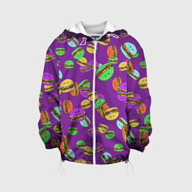 Детская куртка 3D с принтом Бургеры в Ухте, 100% полиэстер | застежка — молния, подол и капюшон оформлены резинкой с фиксаторами, по бокам — два кармана без застежек, один потайной карман на груди, плотность верхнего слоя — 90 г/м2; плотность флисового подклада — 260 г/м2 | Тематика изображения на принте: 