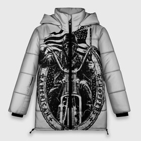 Женская зимняя куртка 3D с принтом Чёпер в Ухте, верх — 100% полиэстер; подкладка — 100% полиэстер; утеплитель — 100% полиэстер | длина ниже бедра, силуэт Оверсайз. Есть воротник-стойка, отстегивающийся капюшон и ветрозащитная планка. 

Боковые карманы с листочкой на кнопках и внутренний карман на молнии | американский байк | байкер в шлеме | мотоспорт | мотоциклы | череп в каске.