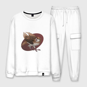 Мужской костюм хлопок с принтом Весёлая птица в Ухте, 100% хлопок | на свитшоте круглая горловина, мягкая резинка по низу. Брюки заужены к низу, на них два вида карманов: два “обычных” по бокам и два объемных, с клапанами, расположенные ниже линии бедра. Брюки с мягкой трикотажной резинкой на поясе и по низу штанин. В поясе для дополнительного комфорта — широкие завязки | арт | бардовый | когти | красный | крылья | орёл | птица | рисунок | сова | сокол
