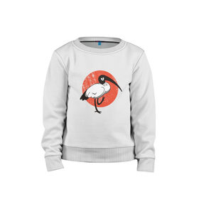 Детский свитшот хлопок с принтом Белый Ибис в Ухте, 100% хлопок | круглый вырез горловины, эластичные манжеты, пояс и воротник | bird | birdy | circle | flag | ibis | japan | japanese | old | retro | sad | vintage | washed | white | worn | аист | аистообразные | винтаж | грустная | депрессия | ибисовые | ибисы | иллюстрация | круг | печаль | потертая | прикол | птичка 