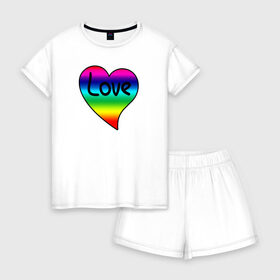 Женская пижама с шортиками хлопок с принтом Rainbow Love в Ухте, 100% хлопок | футболка прямого кроя, шорты свободные с широкой мягкой резинкой | heart | love is | love you | valentines day | бабушка | валентинка | влюбленные | девушке | жена | лучшая | любимая | люблю | любовь | мама | молодожены | подарок | радуга | радужный | романтика | свадебные | свадьба