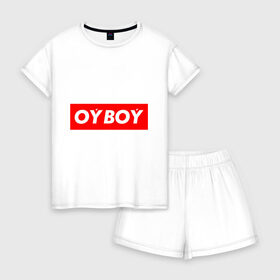 Женская пижама с шортиками хлопок с принтом oyboy в Ухте, 100% хлопок | футболка прямого кроя, шорты свободные с широкой мягкой резинкой | казахи | ойбой | сабуров | чбд | что было дальше | щербаков | юмор