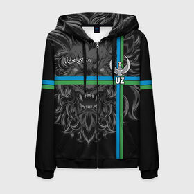 Мужская толстовка 3D на молнии с принтом Узбекистан в Ухте, 100% полиэстер | длина до линии бедра, манжеты и пояс оформлены мягкой тканевой резинкой, двухслойный капюшон со шнурком для регулировки, спереди молния, по бокам два кармана | coat of arms | eagle | flag | islam | lion | republic | uzbekistan | герб | ислам | лев | орел | республика | узбекистан | флаг