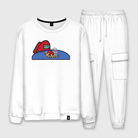 Мужской костюм хлопок с принтом Among Us - Кнопка в Ухте, 100% хлопок | на свитшоте круглая горловина, мягкая резинка по низу. Брюки заужены к низу, на них два вида карманов: два “обычных” по бокам и два объемных, с клапанами, расположенные ниже линии бедра. Брюки с мягкой трикотажной резинкой на поясе и по низу штанин. В поясе для дополнительного комфорта — широкие завязки | among us | game | imposter | party game | traitor | амонг | амонг ас | ас | игра | импостер | импостор | космический корабль | мафия | самозванец | стим | тимплей