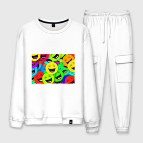 Мужской костюм хлопок с принтом смайлы улыбки разноцветный в Ухте, 100% хлопок | на свитшоте круглая горловина, мягкая резинка по низу. Брюки заужены к низу, на них два вида карманов: два “обычных” по бокам и два объемных, с клапанами, расположенные ниже линии бедра. Брюки с мягкой трикотажной резинкой на поясе и по низу штанин. В поясе для дополнительного комфорта — широкие завязки | разноцветный | смайлы | улыбки | эмоции