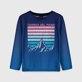 Детский лонгслив 3D с принтом Torres Del Paine в Ухте, 100% полиэстер | длинные рукава, круглый вырез горловины, полуприлегающий силуэт
 | Тематика изображения на принте: torres del paine | winter | абстракция | горы | зима | зимняя | полосы | снег | снежок