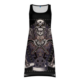 Платье-майка 3D Револьверы: в Ухте, 100% полиэстер | полуприлегающий силуэт, широкие бретели, круглый вырез горловины, удлиненный подол сзади. | байкеры | два револьвера и череп | крылья. | мотоциклы | револьверы | револьверы крест на крест | череп