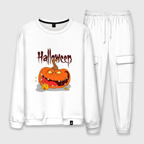 Мужской костюм хлопок с принтом HALLOWEEN в Ухте, 100% хлопок | на свитшоте круглая горловина, мягкая резинка по низу. Брюки заужены к низу, на них два вида карманов: два “обычных” по бокам и два объемных, с клапанами, расположенные ниже линии бедра. Брюки с мягкой трикотажной резинкой на поясе и по низу штанин. В поясе для дополнительного комфорта — широкие завязки | halloween | pumpkin | арт | арт черепа | голова | голова джека | джек | мертвец | мертвецы | праздник | праздник мёртвых | сыетильник джека | тыква | хэллоуин | череп | черпа