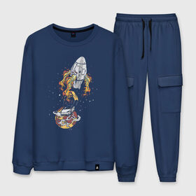 Мужской костюм хлопок с принтом Tesla landing on Mars в Ухте, 100% хлопок | на свитшоте круглая горловина, мягкая резинка по низу. Брюки заужены к низу, на них два вида карманов: два “обычных” по бокам и два объемных, с клапанами, расположенные ниже линии бедра. Брюки с мягкой трикотажной резинкой на поясе и по низу штанин. В поясе для дополнительного комфорта — широкие завязки | Тематика изображения на принте: 