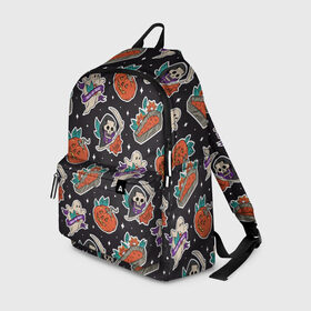 Рюкзак 3D с принтом Halloween Stickerbomb в Ухте, 100% полиэстер | лямки с регулируемой длиной, сверху петелька, чтобы рюкзак можно было повесить на вешалку. Основное отделение закрывается на молнию, как и внешний карман. Внутри два дополнительных кармана, один из которых закрывается на молнию. По бокам два дополнительных кармашка | 