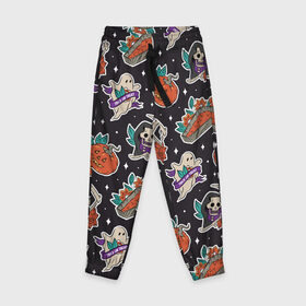 Детские брюки 3D с принтом Halloween Stickerbomb в Ухте, 100% полиэстер | манжеты по низу, эластичный пояс регулируется шнурком, по бокам два кармана без застежек, внутренняя часть кармана из мелкой сетки | 