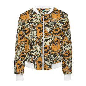 Женский бомбер 3D с принтом Хэллоуин в Ухте, 100% полиэстер | застегивается на молнию, по бокам два кармана без застежек, мягкие манжеты, по низу бомбера и на воротнике — эластичная резинка | Тематика изображения на принте: art | background | candy | halloween | pumpkin | star | texture | арт | звезда | конфеты | текстура | тыква | фон | хэллоуин | хэлуин