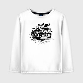 Детский лонгслив хлопок с принтом Halloween в Ухте, 100% хлопок | круглый вырез горловины, полуприлегающий силуэт, длина до линии бедер | 31 октября | halloween | halowen | ведьма | день всех святых | джек | костюм | кровь | лого | монстр | надпись | праздник | приведение | призрак | светильник | символ | страшная | тыква | ужасы | хеллоуин | хеллуин