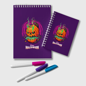 Блокнот с принтом Halloween в Ухте, 100% бумага | 48 листов, плотность листов — 60 г/м2, плотность картонной обложки — 250 г/м2. Листы скреплены удобной пружинной спиралью. Цвет линий — светло-серый
 | Тематика изображения на принте: 31 октября | halloween | halowen | ведьма | день всех святых | джек | костюм | кровь | лого | монстр | надпись | праздник | приведение | призрак | светильник | символ | страшная | тыква | ужасы | хеллоуин | хеллуин