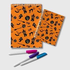 Блокнот с принтом Halloween в Ухте, 100% бумага | 48 листов, плотность листов — 60 г/м2, плотность картонной обложки — 250 г/м2. Листы скреплены удобной пружинной спиралью. Цвет линий — светло-серый
 | Тематика изображения на принте: 31 октября | halloween | halowen | ведьма | день всех святых | джек | костюм | кровь | лого | монстр | надпись | праздник | приведение | призрак | светильник | символ | страшная | тыква | ужасы | хеллоуин | хеллуин