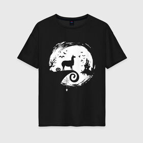 Женская футболка хлопок Oversize с принтом Лама в полнолуние в Ухте, 100% хлопок | свободный крой, круглый ворот, спущенный рукав, длина до линии бедер
 | альпака | вектор | замок | лама | луна | полнолуние | рисунок | силуэт | тыквы | хэллоуин