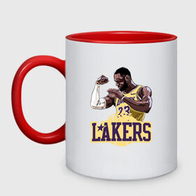 Кружка двухцветная с принтом LeBron - Lakers в Ухте, керамика | объем — 330 мл, диаметр — 80 мм. Цветная ручка и кайма сверху, в некоторых цветах — вся внутренняя часть | Тематика изображения на принте: 23 | anthony davis | basketball | bryant | game | james | kobe | lebron | los angeles | nba | sport | баскетбол | брайант | бровь | джеймс | калифорния | коби | король | леброн | лейкерс | лос анджелес | нба | спорт | тренер | чемпио