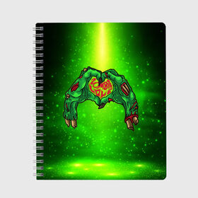 Тетрадь с принтом Zombie Love в Ухте, 100% бумага | 48 листов, плотность листов — 60 г/м2, плотность картонной обложки — 250 г/м2. Листы скреплены сбоку удобной пружинной спиралью. Уголки страниц и обложки скругленные. Цвет линий — светло-серый
 | blood | diablo | haloween | horror | дьявол | зомби | кости | кровь | мозги | мясо | страшилка | ужасы | хеллоуин | хелоуин