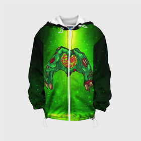 Детская куртка 3D с принтом Zombie Love в Ухте, 100% полиэстер | застежка — молния, подол и капюшон оформлены резинкой с фиксаторами, по бокам — два кармана без застежек, один потайной карман на груди, плотность верхнего слоя — 90 г/м2; плотность флисового подклада — 260 г/м2 | blood | diablo | haloween | horror | дьявол | зомби | кости | кровь | мозги | мясо | страшилка | ужасы | хеллоуин | хелоуин