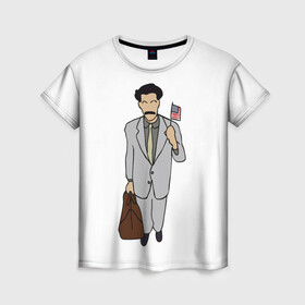 Женская футболка 3D с принтом Борат в Ухте, 100% полиэфир ( синтетическое хлопкоподобное полотно) | прямой крой, круглый вырез горловины, длина до линии бедер | america | borat | kazakhstan | kz | sagdiyev | usa | америка | борат | казахстан | кз | нраица | репортер | сагдиев