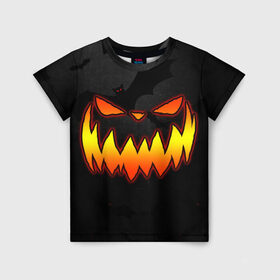 Детская футболка 3D с принтом Pumpkin smile and bats в Ухте, 100% гипоаллергенный полиэфир | прямой крой, круглый вырез горловины, длина до линии бедер, чуть спущенное плечо, ткань немного тянется | Тематика изображения на принте: 2020 | bat | bats | face | halloween | mask | nightmare | pumpkin | scary | smile | smiling | летучая | лицо | маска | мыши | мышь | привидение | страшная | тыква | улыбка | хэлоуин