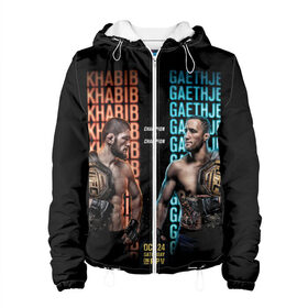 Женская куртка 3D с принтом KHABIB VS. GAETHJE в Ухте, ткань верха — 100% полиэстер, подклад — флис | прямой крой, подол и капюшон оформлены резинкой с фиксаторами, два кармана без застежек по бокам, один большой потайной карман на груди. Карман на груди застегивается на липучку | america | dagestan | eagle | gaethje | highlights | justin | khabib | nurmagomedov | russia | the | ufc | америка | дагестан | джастин | нурмагомедов | орёл | россия | хабиб | хайлайт | юфс
