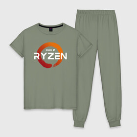 Женская пижама хлопок с принтом Kuku Ryzen v.2 в Ухте, 100% хлопок | брюки и футболка прямого кроя, без карманов, на брюках мягкая резинка на поясе и по низу штанин | amd | amd ryzen | cpu | intel | kukuryzen | radeon | ryzen | zen | кукурузен | процессор | райзен | рузен | рязань | цпу
