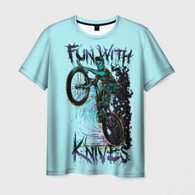 Мужская футболка 3D с принтом Забава с ножами в Ухте, 100% полиэфир | прямой крой, круглый вырез горловины, длина до линии бедер | велосипеды | велоспорт | забавы с ножами | кислота. | ножи | экстремальный спорт | экстрим