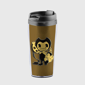Термокружка-непроливайка с принтом Bendy And The Ink Machine в Ухте, внутренняя часть — пищевой пластик, наружная часть — прозрачный пластик, между ними — полиграфическая вставка с рисунком | объем — 350 мл, герметичная крышка | Тематика изображения на принте: bendy | bendy and the ink machine | бенди | бени | бенни | бэнди | детская | детям | игра | капли | компьютерная игра | краска | машина | подтеки | ужастик | чернила | чернильная