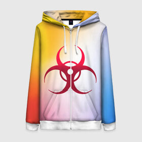 Женская толстовка 3D на молнии с принтом Biohazard в Ухте, 100% полиэстер | длина до линии бедра, манжеты и пояс оформлены мягкой тканевой резинкой, двухслойный капюшон со шнурком для регулировки, спереди молния, по бокам два кармана | biohazard | ncov2019 | plague inc | virus | вирус | градиент | знак | карантин | ковид | корона | коронавирус | опасность