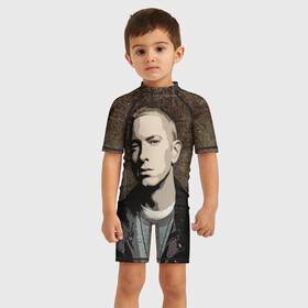 Детский купальный костюм 3D с принтом EMINM в Ухте, Полиэстер 85%, Спандекс 15% | застежка на молнии на спине | eminem | eminm | marshall bruce mathers iii | slim shady | маршалл брюс мэтерс iii | рэпер | слим шейди | эминем