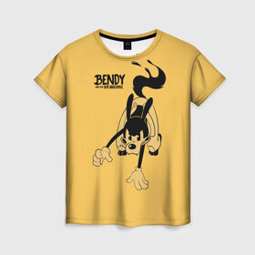 Женская футболка 3D с принтом Bendy And The Ink Machine в Ухте, 100% полиэфир ( синтетическое хлопкоподобное полотно) | прямой крой, круглый вырез горловины, длина до линии бедер | bendy | bendy and the ink machine | бенди | бени | бенни | бэнди | детская | детям | игра | капли | компьютерная игра | краска | машина | подтеки | ужастик | чернила | чернильная