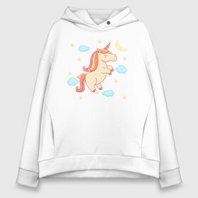 Женское худи Oversize хлопок с принтом Happy unicorn в Ухте, френч-терри — 70% хлопок, 30% полиэстер. Мягкий теплый начес внутри —100% хлопок | боковые карманы, эластичные манжеты и нижняя кромка, капюшон на магнитной кнопке | moon | unicorn | единорог | звезды | месяц | облачка