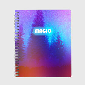 Тетрадь с принтом MAGIC в Ухте, 100% бумага | 48 листов, плотность листов — 60 г/м2, плотность картонной обложки — 250 г/м2. Листы скреплены сбоку удобной пружинной спиралью. Уголки страниц и обложки скругленные. Цвет линий — светло-серый
 | звездное небо | зимний вечер | неоновая надпись | ночное небо | снег